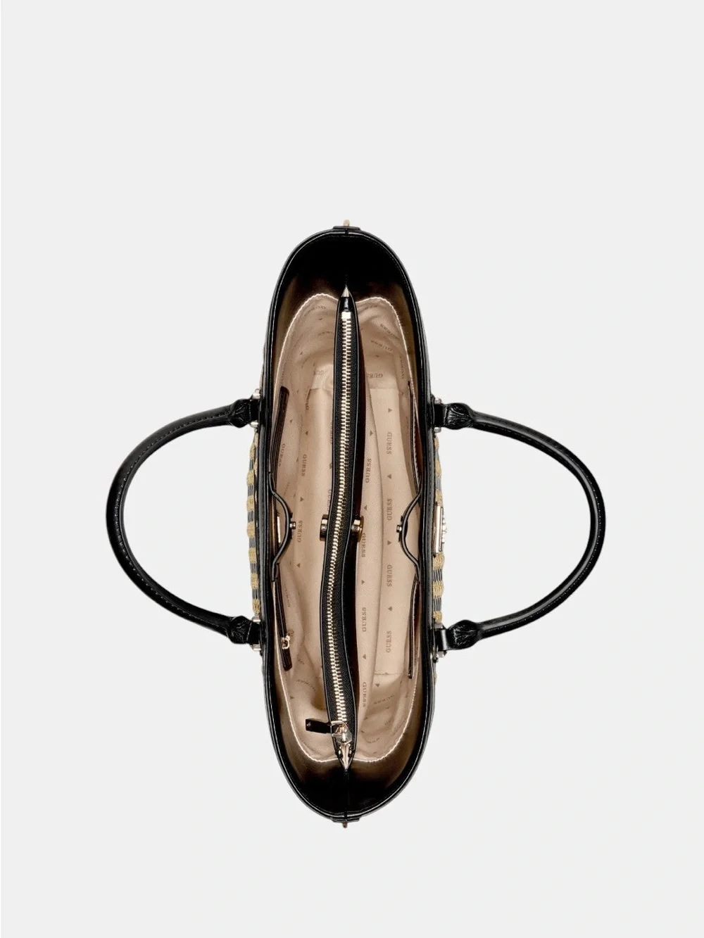 New Guess Black & Tan Woven Tote with Chain-Detail Strap